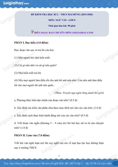 Đề thi kì 2 môn Văn lớp 8 năm 2019 - 2020 Trường THCS Mai Hùng